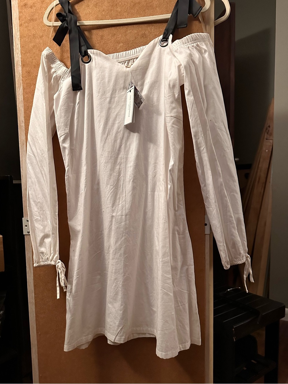 100% Cotton White Off-Shoulder Tie-Strap Dress.